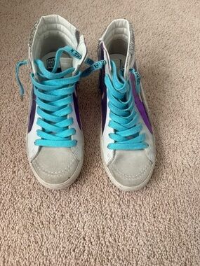 Golden Goose White Sneakers with Purple Panels and Turquoise Laces